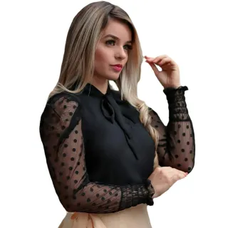 Blusa Social Feminina Manga Longa Evangelica Linda Tule Crepe - Preto