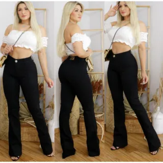 Cintura alta, calça jeans flare preta em várias cores - Branca