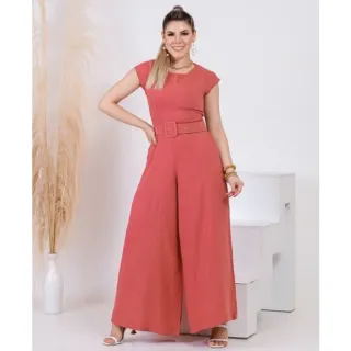 Moda Plus Size e Evangélica - Macacão Pantalona Social P/M/G/GG/XG com Cinto e Mangas - Telha-viscolinho