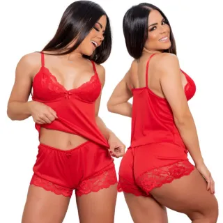 Pijama Sexy Feminino Com Renda - Short Doll Baby Dol - Pink