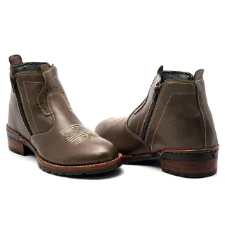 Bota Texana Masculina Couro Legítimo Zíper Cano Curto Sola Costurada - CAFE