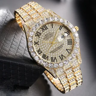 Relógio Masculino de Aço com Strass e Escala Romano - Ouro Dourado