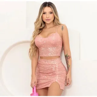 Alcinha paetê conjunto feminino saia cropped - Dourado