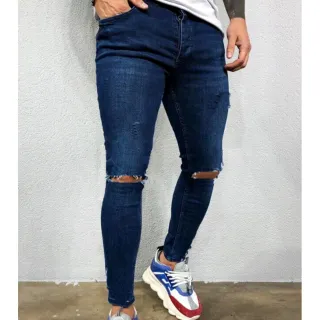 Calça Skinny Azul Marinho Rasgada Elastano Destroyed - Preta Desbotada