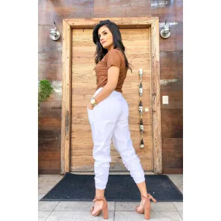 Moda Blogueira Calça Jogger Feminina Branca em Tecido Bengaline - P