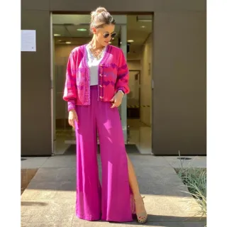 Pantalona com fenda lateral e conjunto cropped de manga curta - Verde Lima Verão - manga curta