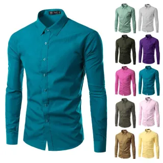 Promoção de Camisa Social Masculina Slim Fit em Algodão e Elastano - Manga Longa - Verde Seco