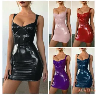 Vestido Sexy Látex Couro Sintético Feminino - Preto