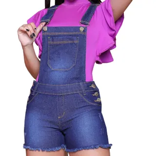 Macacão Jeans Feminino Lycra Elastano Jardineiras Shorts - Azul