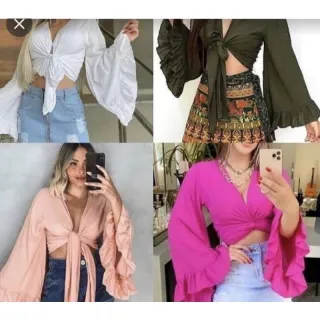 Roupa Feminina Cropped Blusa Manga Flare Babado - Fúcsia