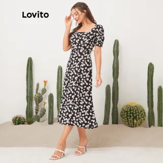 Vestido Lovito Casual Estampa Floral Gola Quadrada L11D32 (Preto) - Verde