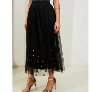 Moda Verão Saia Feminina Forrada de Tule Midi com Brilho - 3RD SD044 - Creme