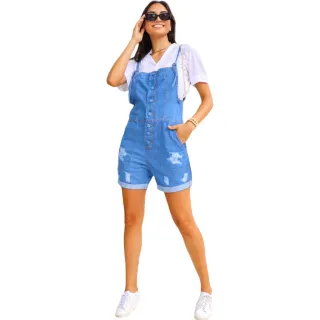 Plus Size Jardineira Jeans Feminina Macaquinho com Botões - Azul