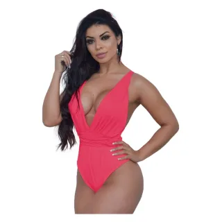 Maiô Cavado Decotado com Bojo - Body Feminino - Rosa neon