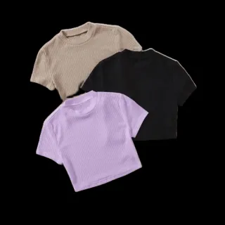 Conjunto feminino moda casual: kit 3 blusinhas de manguinha gringa para faculdade - Rosa bb,lilás e azul bb