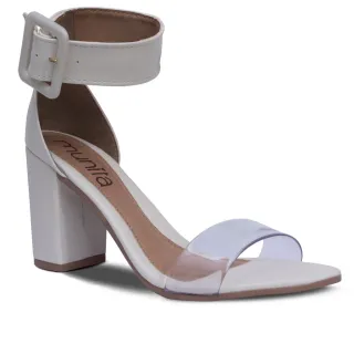 Sandália Confortável Feminina Salto Grosso Transparente Cristal - Off White/Cristal