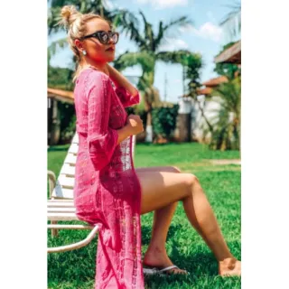 Moda praia manga 7/8: Saída de praia longa tricot - ROSA BB