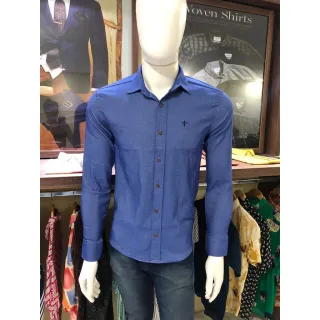 Camisa Elastano Manga Longa Jeans Preta e Azul - Azul Marinho
