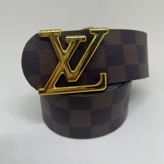 Couro Xadrez Dupla Face Cinto Masculino - Ouro Escovado - Marrom