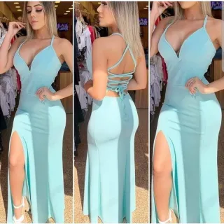 Cores vestido longo festa casamento madrinha noite com fenda - Verde Oliva