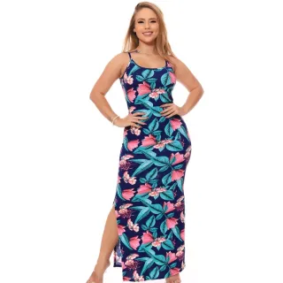 Nova Moda Feminina: Vestido Casual Floral Alça Canelado Versátil - Floral Preto