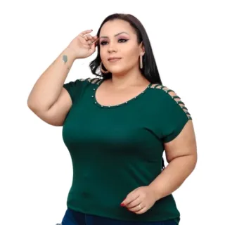 Blusinha Plus Size Manga Curta Tira Vazada Viscolycra Pérola Metalizada GG 44/48 - Rosa