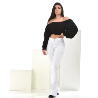 Cintura alta, calça jeans flare preta em várias cores - Branca