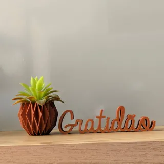 Palavra Gratidão e Kit Vaso Origami - Cobre