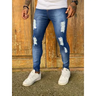 Calça Jeans Masculina Super Skinny com Rasgos e Elastano - Azul Toronto