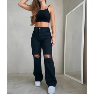 Lançamento: Calça preta destroyed wide leg jeans - tendência 464 - 40