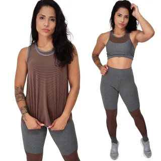 Roupa Academia Camiseta Regata Calça Legging Top Bojo Fitness Kit - Chocolate