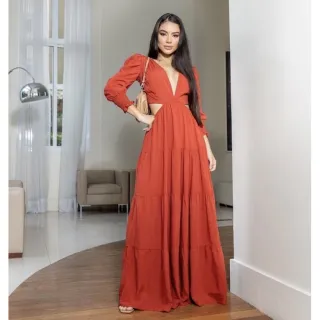 Lançamento Vestido Longo Feminino Manga Longa Decote Profundo Casamento - Roxo