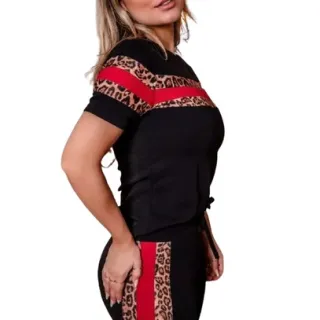 Calça jogger listrada luxo e blusa feminina - Conjunto diversos tamanhos - Preto C/ Rose