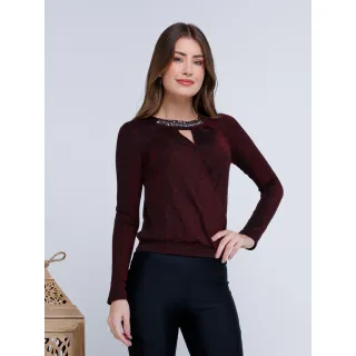 Blusa Lurex Manga Longa com Aplicações em Pedraria na Gola - Vermelho