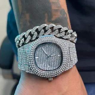 Hype Style Relógio Ice Cuban Cravejado de Pedras Brilhantes - RELÓGIO ICE PRATA