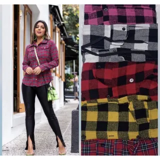 Blusa Flanelada Xadrez Feminina Manga Longa P M G GG - Vermelho COM PRETO