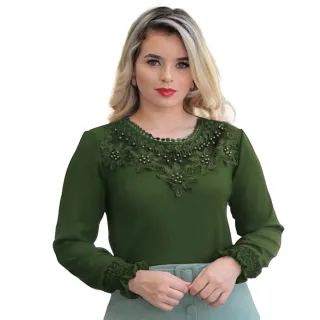 REF258 Blusa Social Feminina Manga Longa com Detalhes em Renda - Verde Militar