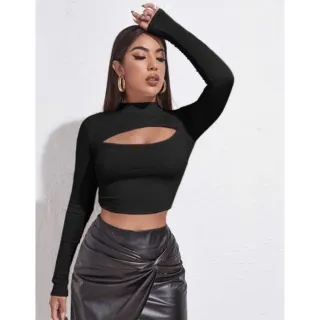 Blusa gola alta manga longa vazada cropped - Raryel - Bege