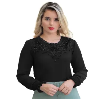 REF258 Blusa Social Feminina Manga Longa com Detalhes em Renda - Verde Militar