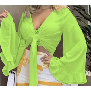 Roupa Feminina Cropped Blusa Manga Flare Babado - Fúcsia