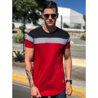 Camisa listrada masculina Longline, estilo swag em algodão penteado - PRETA COM BRANCO LISTRADO