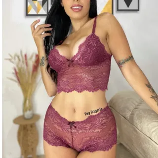 Conjunto Sexy Lingerie Feminino Renda Calcinha Shortinho + Sutiã Sem Bojo - SEM