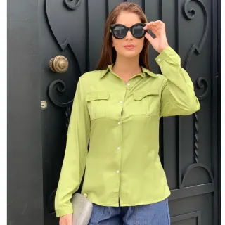Camisa Social Manga Longa com Gola Botões Frente - Verde Limão