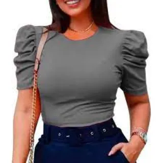 Blusinha Feminina Princesa Manga Curta Canelada Tamanho Único - Cinza