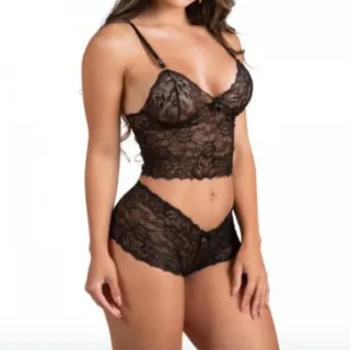 Lingerie feminina renda cropped conjunto completo - M cores variadas