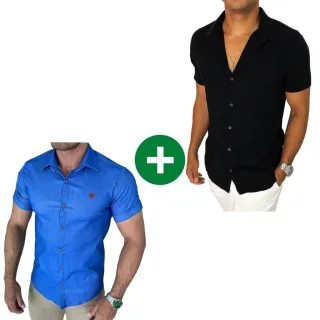 Camisa Jeans Masculina Manga Curta + Camisa Social Slim Manga Curta - Jeans Claro+Viscolinho Preta