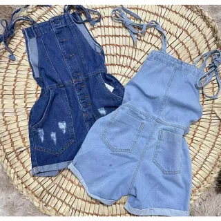 Jardineiras botão encapado jeans/Macaquinho/Macacão - Claro