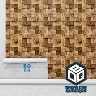 Tacos de Madeira Autocolante Lavável - Papel de Parede Cubos Marrom - Único