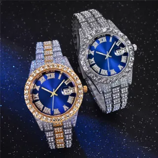 Relógio de pulso masculino luxuoso com diamantes e calendário - Presente perfeito para homens - Ouro e Verde