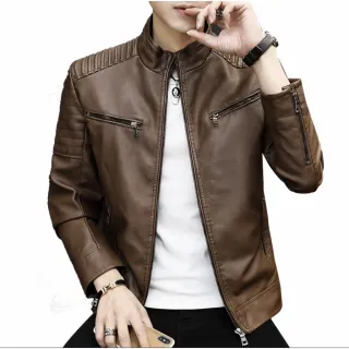 Slim masculino couro zíper casaco com - Marrom escura